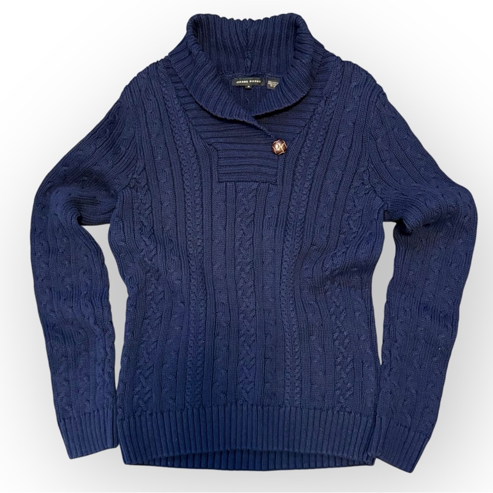 Vintage JEANNE PIERRE 100% Cotton Cable-Knit Fisherman Sweater, Small, Navy